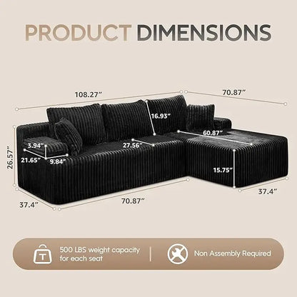 Modular Sectional Sofa Couches 108" L-Shape Couch 3 Seat Modular Sofa Memory Foam Sectional Couches for Living Room