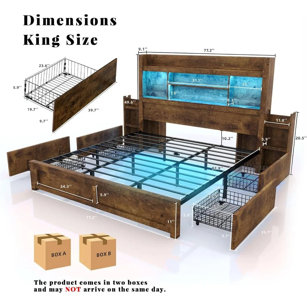 King Bed Frame with 49.6 Bookcase Headboard & 2 Bedside Stoage Racks & 4 Drawers, Farmhouse Wood Bed Frame with RGB LED & Chargi