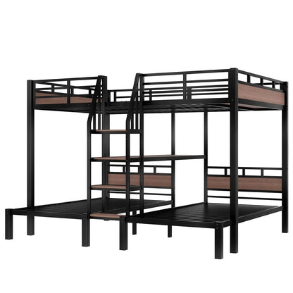 Queen Over Twin Over Twin Metal BunkBed with Storage Stairs and Shelves, 3-in-1 Triple Bunk Bed with Headboard, Space Saving, fo