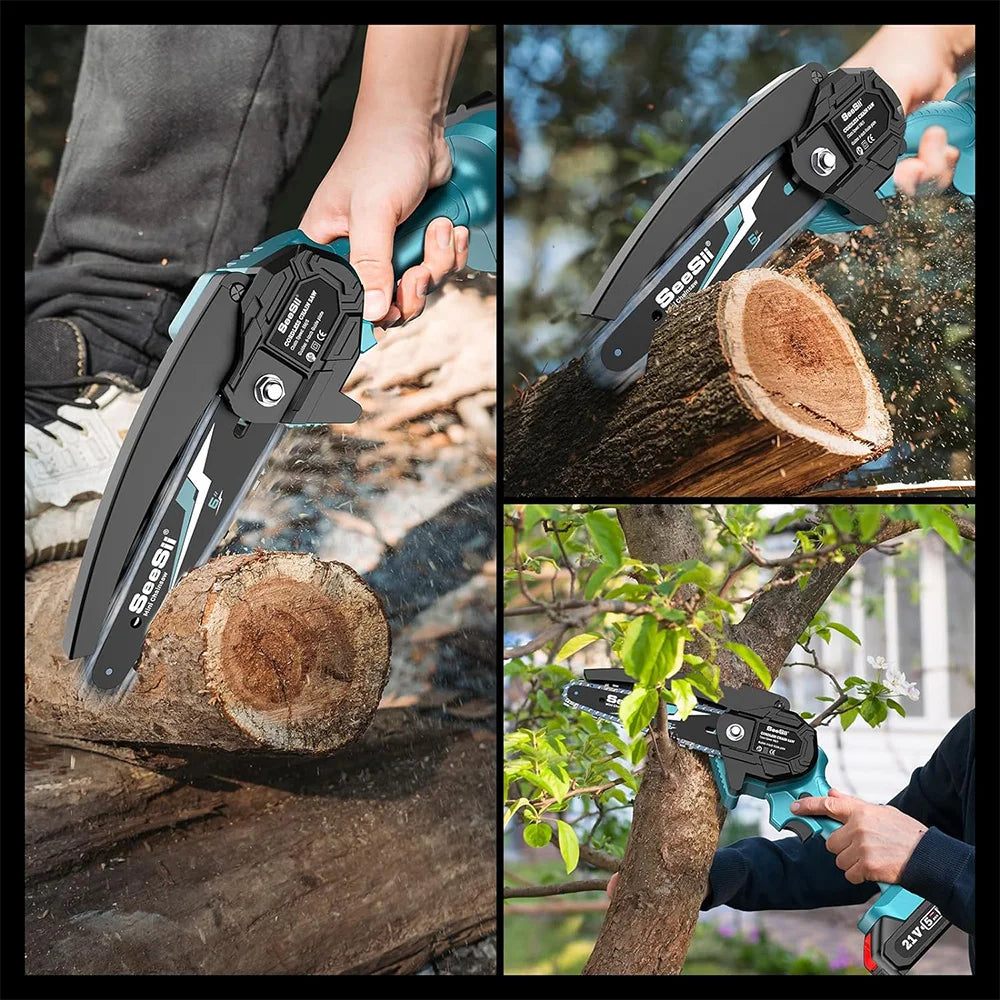 Seesii 6-inch Cordless Mini Chainsaw Electric Power Chain Saw Tree Trimming Wood Cutting for Makita 18V Battery pin