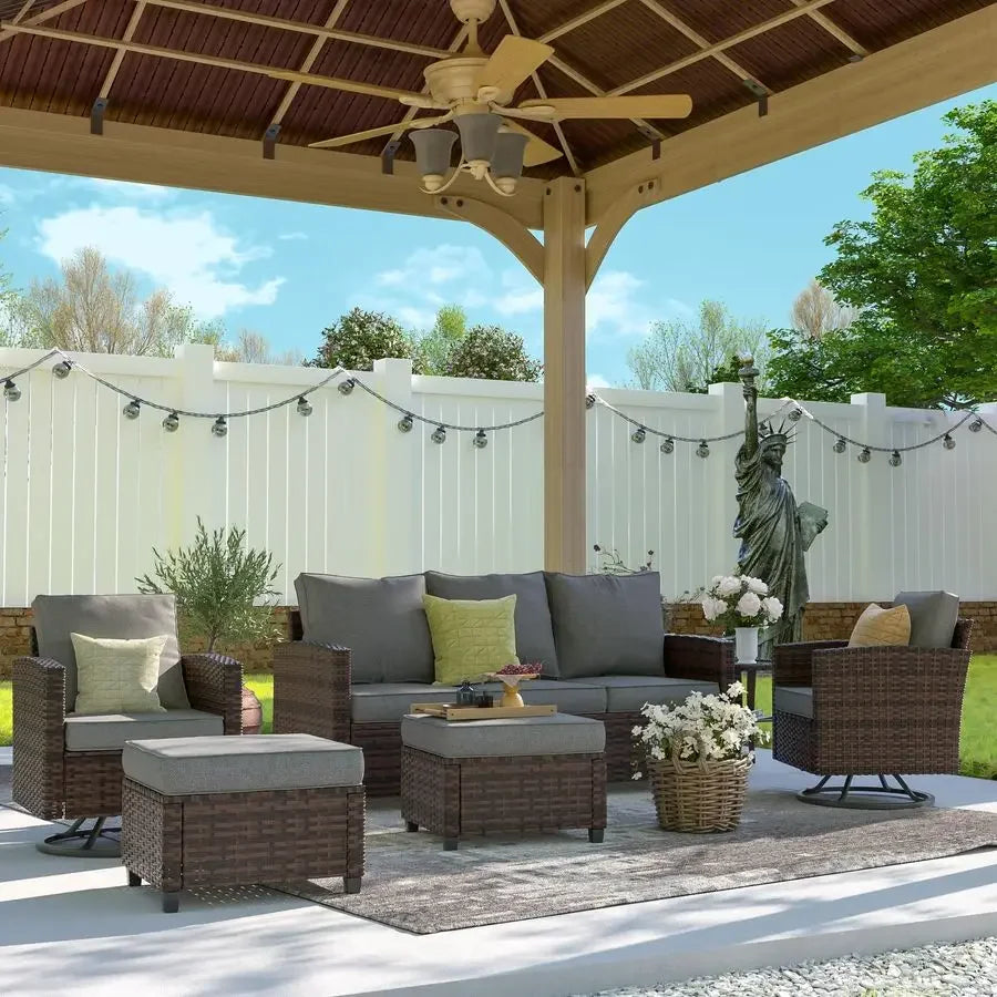 Patio Furniture Set, 6 Pieces Outdoor Sectional Couch with Swivel Rocking Chair, Brown Wicker Rattan Conversation Sofa, 4 Thick