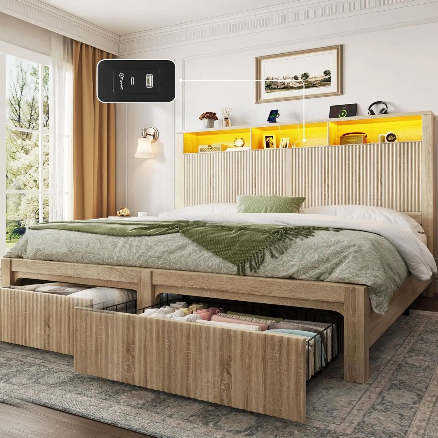 King Bed Frame and Headboard& 2 Storage Drawer, King Size Bed Frame with LED Light and Charging Port, Farmhouse, Customized