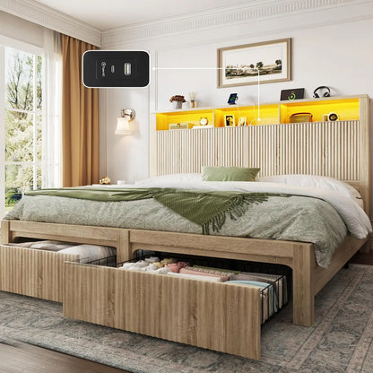 King Bed Frame and Headboard& 2 Storage Drawer, King Size Bed Frame with LED Light and Charging Port, Farmhouse, Customized