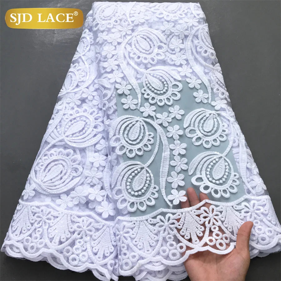 SJD LACE African Milk Silk Lace Fabric 2025 High Quality Nigerian White Mesh Embroidery Lace for Sewing Women Wedding Dress 4043