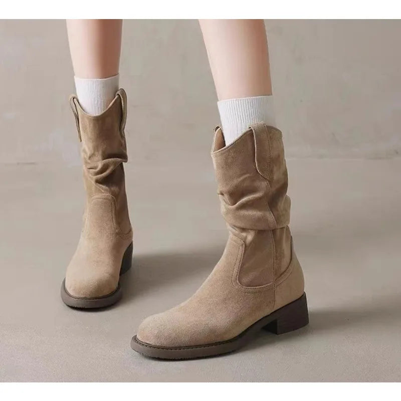Luxury Women Pleated High Heeled Ankle Boots Autumn New Pointed Toe Brown Cowboy Boots Woman Pu Leather Botas Shoes Plus Size 42