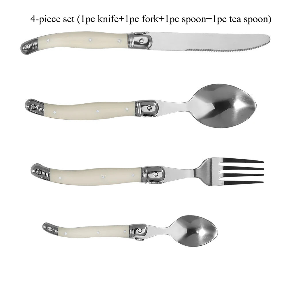 Stainless steel knife, fork, spoon set, milky white plastic handle, steak knife, steak fork spoon, steak tableware for home use