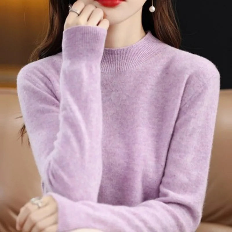 Half High Solid Color Cashmere Sweater For Women Loose Pullover Autumn and Winter Contracted Commuter Basic Knitwear Top Base