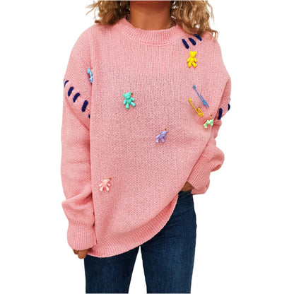 Women'S Fashion Casual Loose Versatile Bear Decoration Handmade Drawstring Long Sleeve Round Neck Pullover Sweater Pulls Femmes