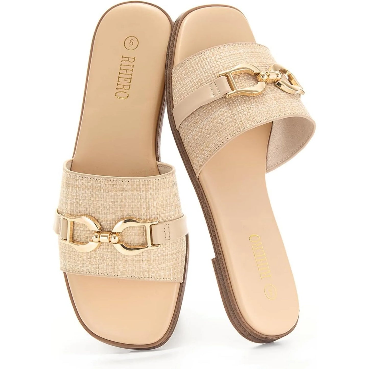 Women's Flat Sandals Summer Comfortable Square Open Toe Slip On Leather Slide Sandals