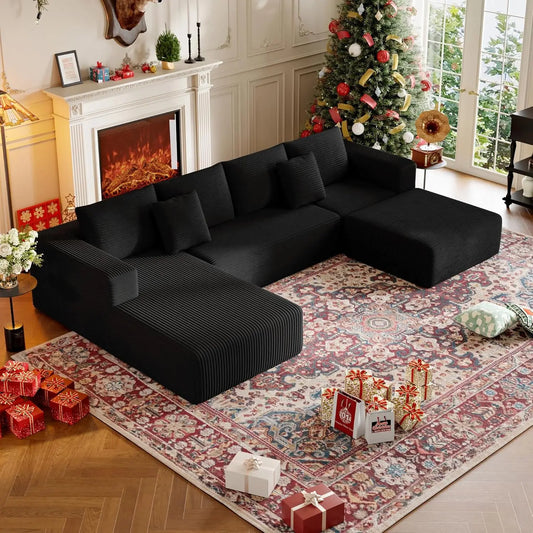 134.6''Sectional Sofa Couch for Livingroom,U-Shaped Boneless Couch with Chaise and Pillows,Modern Modular Corduroy Sofa,4-Deep S