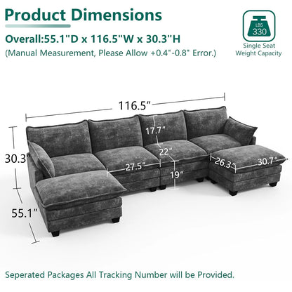 Cloud Couch Modular Sectional U Shaped Sofa with Movable Ottoman Comfy Chenille Living Room Furniture Customized