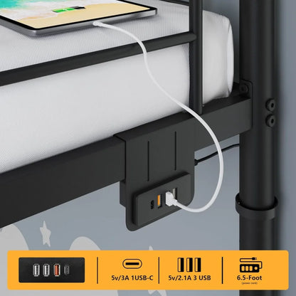 Twin Over Twin Metal Bunk Bed with LED Lights, USB Charging Station, 2 Drawers, Guard Rails & Ladder – No Box Spring Needed,