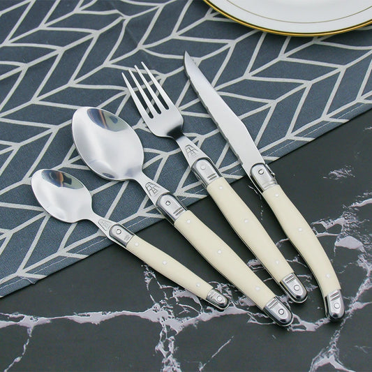 4/6/24pcs Laguiole Ivory White Silverware Stainless Steel Steak Knives Table Forks Dinner Spoons Dessert Teaspoon Xmas Cutlery