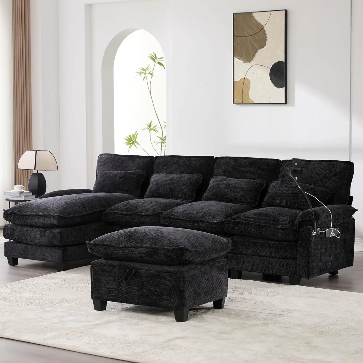 Modern U Shape Sectional Sofa Cloud Couch, 110" Upholstery Chenille Fabric Modular Couch, Comfy 4 Seat Sleeper Sofa With Double