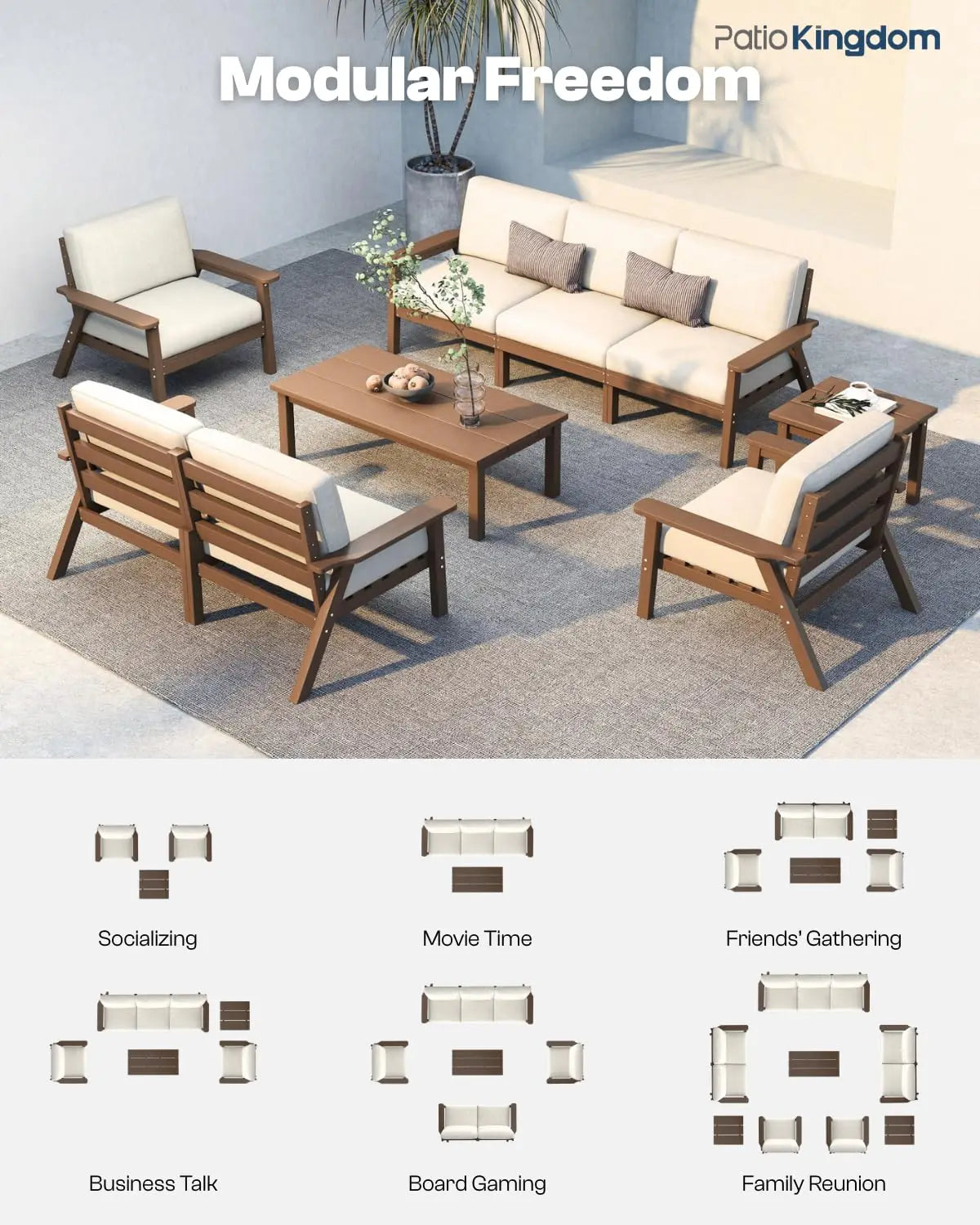 Patio Furniture Set 8 Seats, HDPE Outdoor Sectional with Beige Washable Thick Cushions, Coffee Table, Patio, Customized