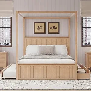 SOFTSEA Canopy Platform Bed with Trundle and Three Storage Drawers, Queen Size Solid Wood Bed with Headboard, 4-Post Platform Fr