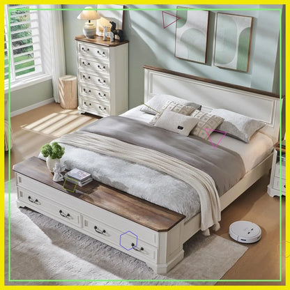 Farmhouse King Bed with Storage Bench and Drawers, Rustic Wood Platform Bed Frame in Antique White