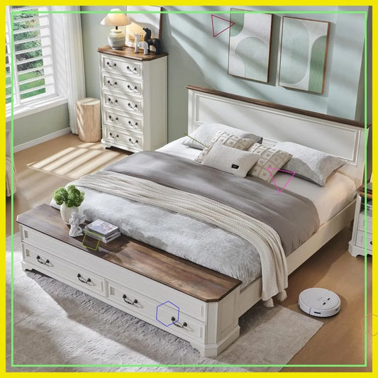 Farmhouse King Bed with Storage Bench and Drawers, Rustic Wood Platform Bed Frame in Antique White