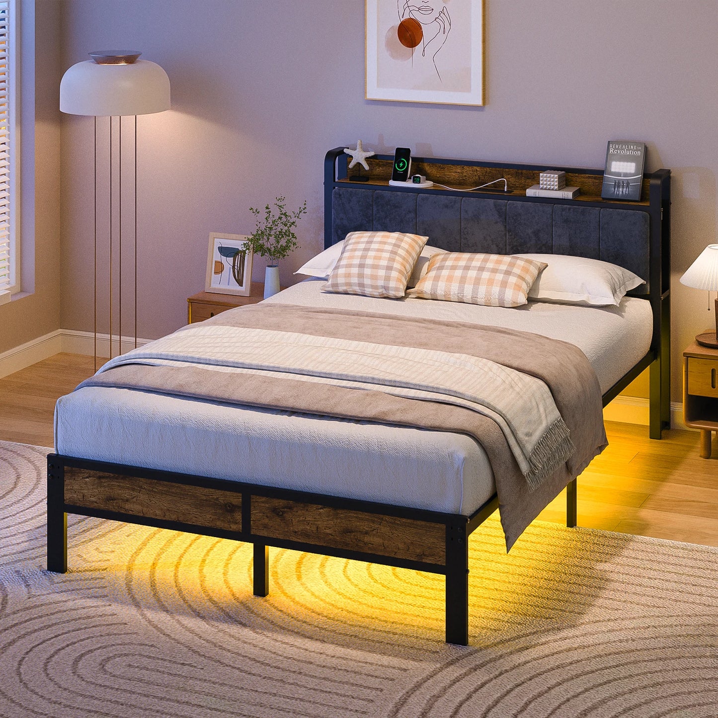 Platform Bed Frame with Storage Headboard, Metal Platform Bed with LED Lights & Charging Station, Under Bed Storage