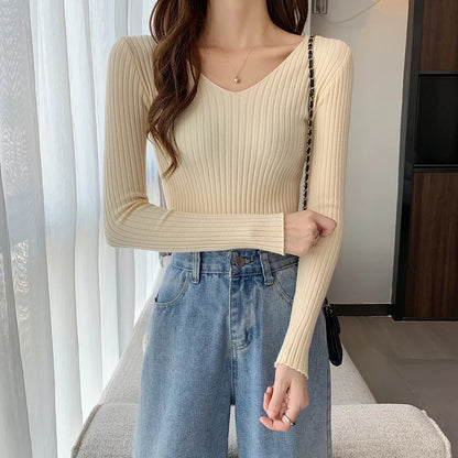 2025 Korean Autumn Winter V Neck Sweater Fashion Casual Long Sleeve Knitted Sweaters Solid Color Slim Pullovers Women Clothes