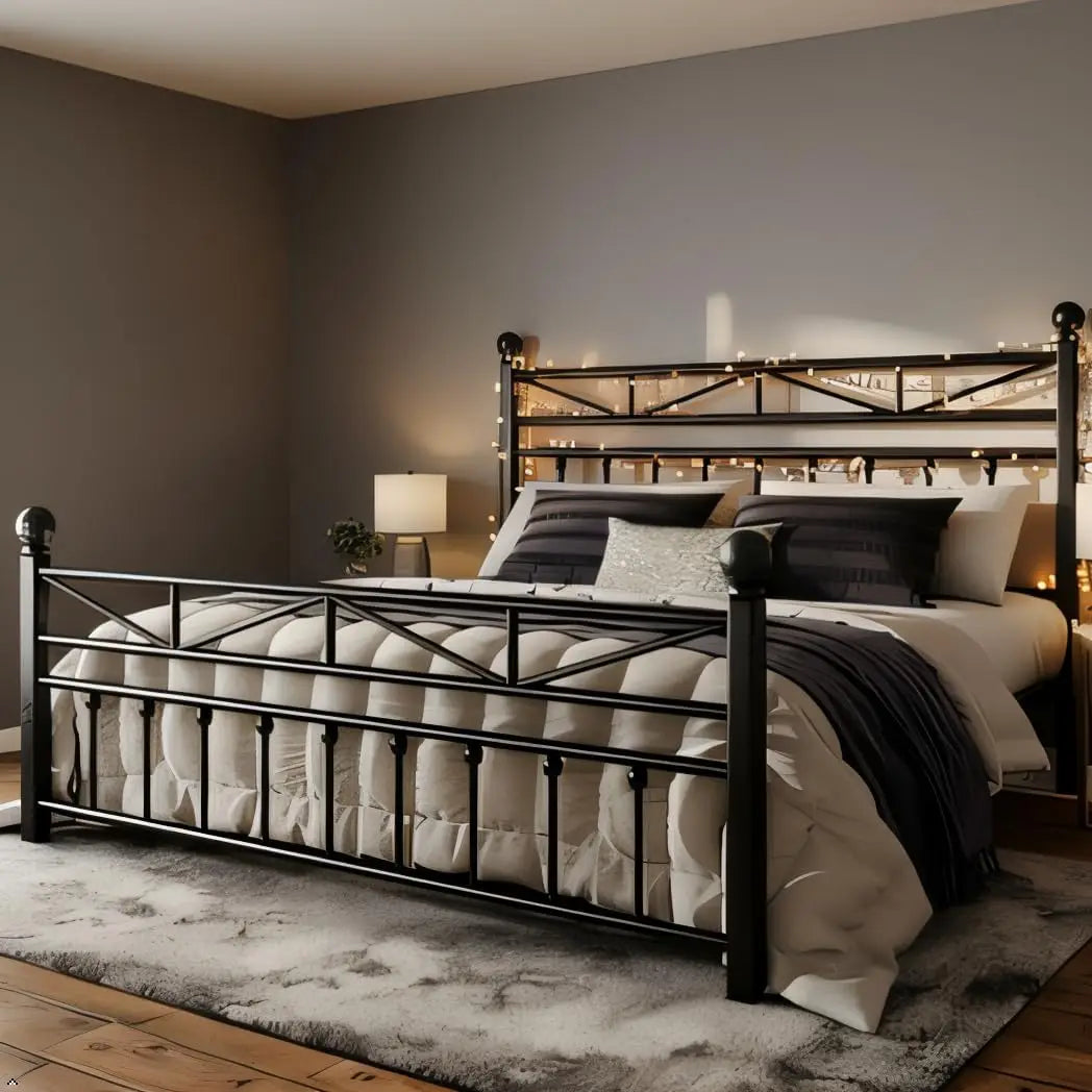 54" King Metal Bed Frame with LED Lights, Tall Headboard, Under Bed Storage, Noise-Free Design - No Box Spring Needed