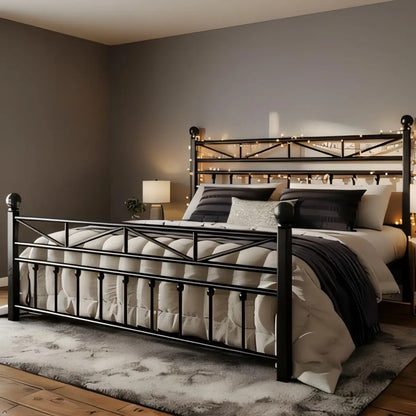 54" King Metal Bed Frame with LED Lights, Tall Headboard, Under Bed Storage, Noise-Free Design - No Box Spring Needed