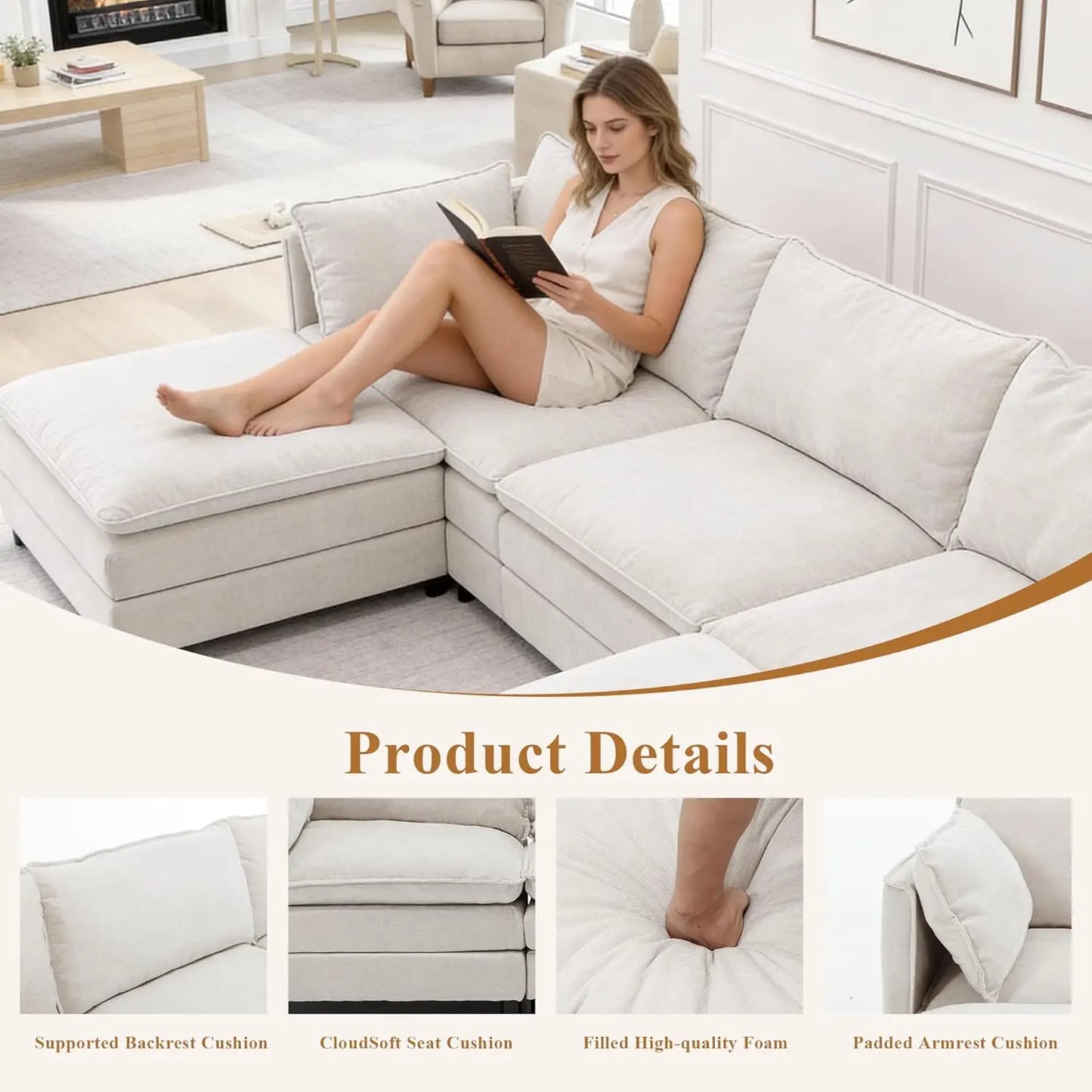 108" L Shaped Couch, Modular Sectional Sofa, Chenille Cloud Couch with Movable Ottoman, 3 Deep Seat Small Sectional, Customized