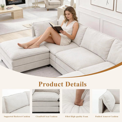 108" L Shaped Couch, Modular Sectional Sofa, Chenille Cloud Couch with Movable Ottoman, 3 Deep Seat Small Sectional, Customized