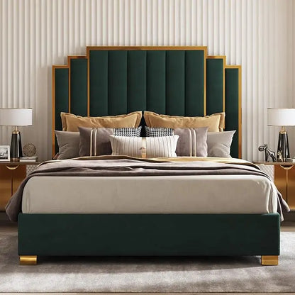Modern Velvet King Bed Frame with 65.4 High Gold Trim Headboard, No Box Spring RequiredCustomized