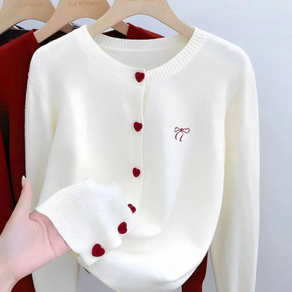2025 Women Knitted Cardigan Bow Embroidery O-Neck Single Breasted Heart-shaped Button Sweater Korean Casual Solid Knitting Tops