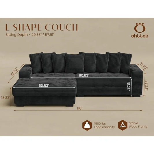 L-Shaped Modular Sectional Sofa with Chaise Lounge, Plush Corduroy Cloud Couch, Deep Seating for Living Room in Black