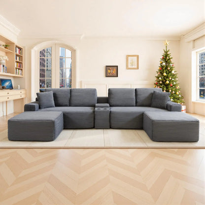 125" Oversized Modular Sectional Sofa, Deep Seat Cloud L-Shaped Corduroy Couch with Cup Holders, USB Ports &, Customized