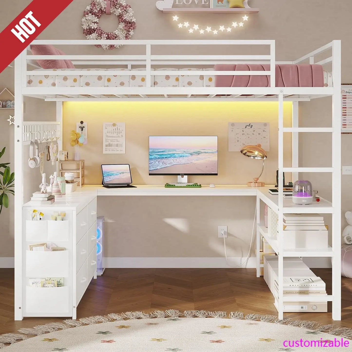 Loft Bed Full Size with U-Shaped Desk, 6 Storage Drawers, Power Outlet, LED Metal Loft Bed with 2 Storage Shelves,White