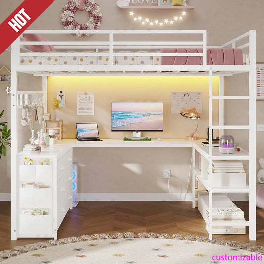 Loft Bed Full Size with U-Shaped Desk, 6 Storage Drawers, Power Outlet, LED Metal Loft Bed with 2 Storage Shelves,White