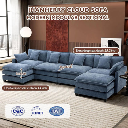146" U-Shaped Modern Sofa Modular Sectional Cloud Couch with 2 Ottoman, 6-Seat Chenille Deep Seat Sofa with 6, Customized