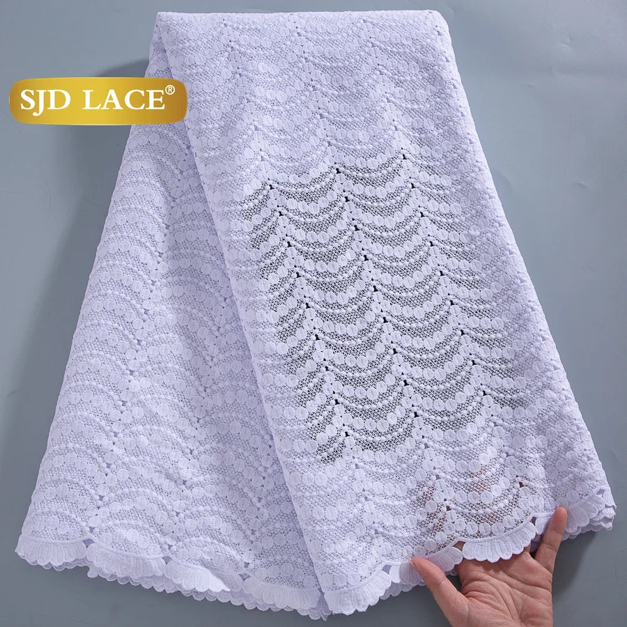 SJD LACE African Sequins Guipure Cord Lace Fabrics 5 Yards White 2025 New Nigerian Water Soluble Lace For Women Dresses Sew 4197