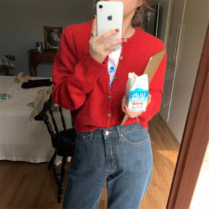 2025 Long Sleeve Vintage Y2k Tops Korean Knitted Cardigan Women's Autumn Winter Fashion O-Neck Versatile Slimming Basis Sweater