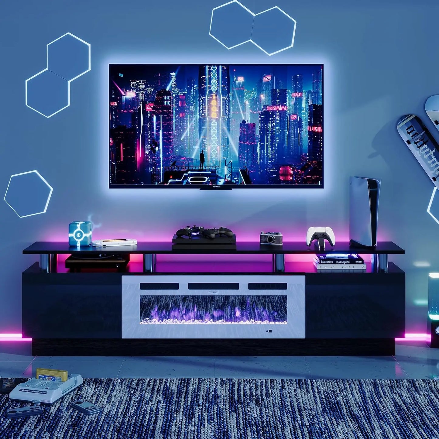 36" Electric Fireplace Integrated TV Stand - 70" 2-Tier Console for TVs up to 80", Ideal for Living Room Settings