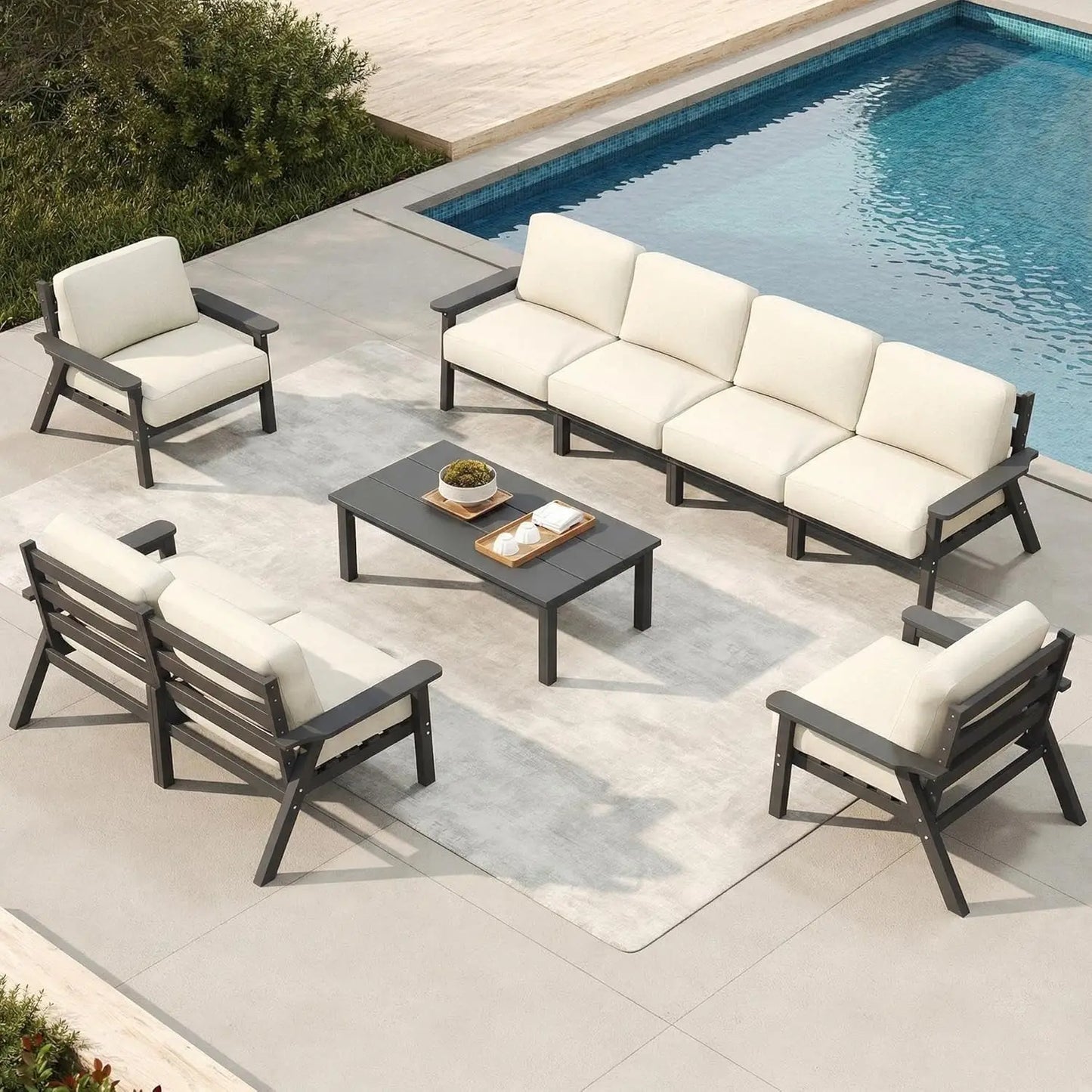 Patio Furniture Set 8 Seats, HDPE Outdoor Sectional with Beige Washable Thick Cushions, Coffee Table, Patio, Customized