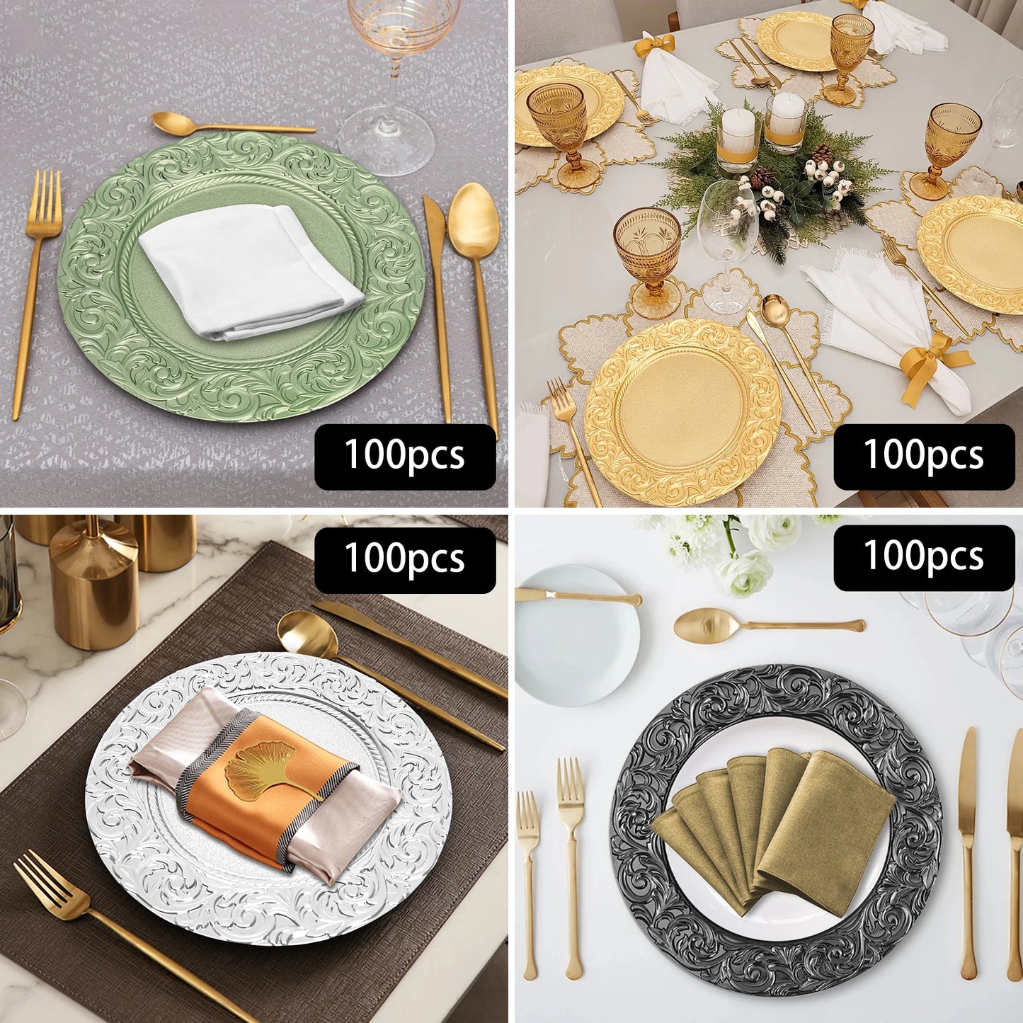 100-Piece Round Charger Plates Set in Black Silver Green Gold with Patterns Reusable Serving Plates for Weddings Banquets