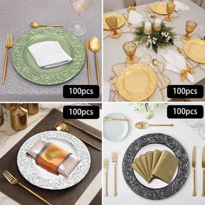 100-Piece Round Charger Plates Set in Black Silver Green Gold with Patterns Reusable Serving Plates for Weddings Banquets