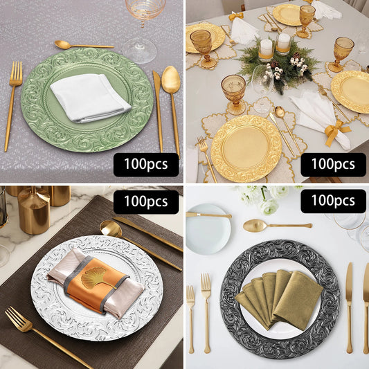 100-Piece Round Charger Plates Set in Black Silver Green Gold with Patterns Reusable Serving Plates for Weddings Banquets