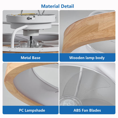 ARLGSITE 20'' Low Profile Ceiling Fans with Lights Modern Flush Mount Wood Ceiling Fan and Remote Dimmable LED Arc Wooden Frame