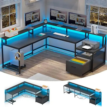 Office Desk with Wood File Drawer & Power Outlet,Gaming Desk with Led Lights,Corner Computer Desk with Monitor Shelf,Customized