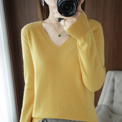 Autumn And Winter Cashmere Sweater New Women's V-neck Pullover Lace Neck Hollow Out Design Casual Knitted Long Sleeve Women's