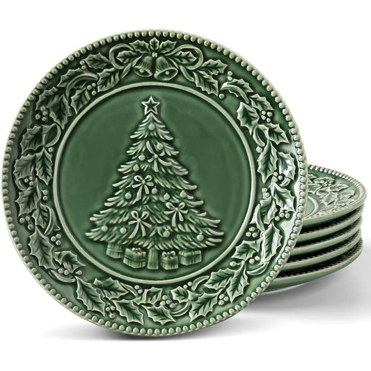 8 Inch Green Ceramic Christmas Tree Salad Plates Set for Holiday Meals Ideal for Pasta Side Dishes and Desserts Dishwasher and