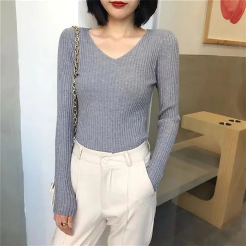 2025 Autumn Winter Women Solid Rib Knit V Neck Stripe Pull Sweater Femme Long Sleeve Pullover Jersey Tops Fashion Clothes Y2k