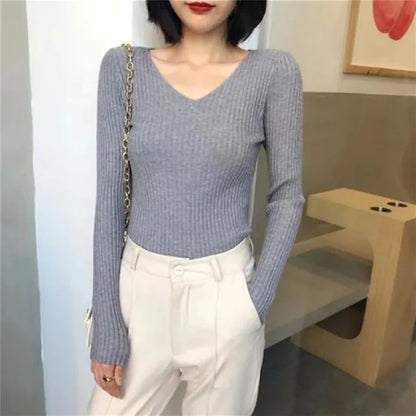 2025 Autumn Winter Women Solid Rib Knit V Neck Stripe Pull Sweater Femme Long Sleeve Pullover Jersey Tops Fashion Clothes Y2k