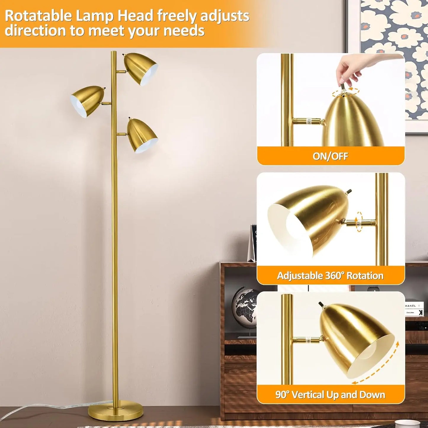 65" Modern Adjustable Floor Lamp with 3 E26 Bulbs, Gold Metal Heads for Living Room, Bedroom, Office