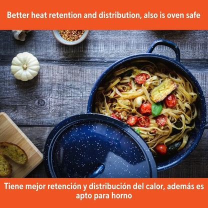 Enamel Stock Pot Soup Stews Cooking with Double Handles Oven Safe Durable Steel Efficient Heat Distribution Hand Wash Only